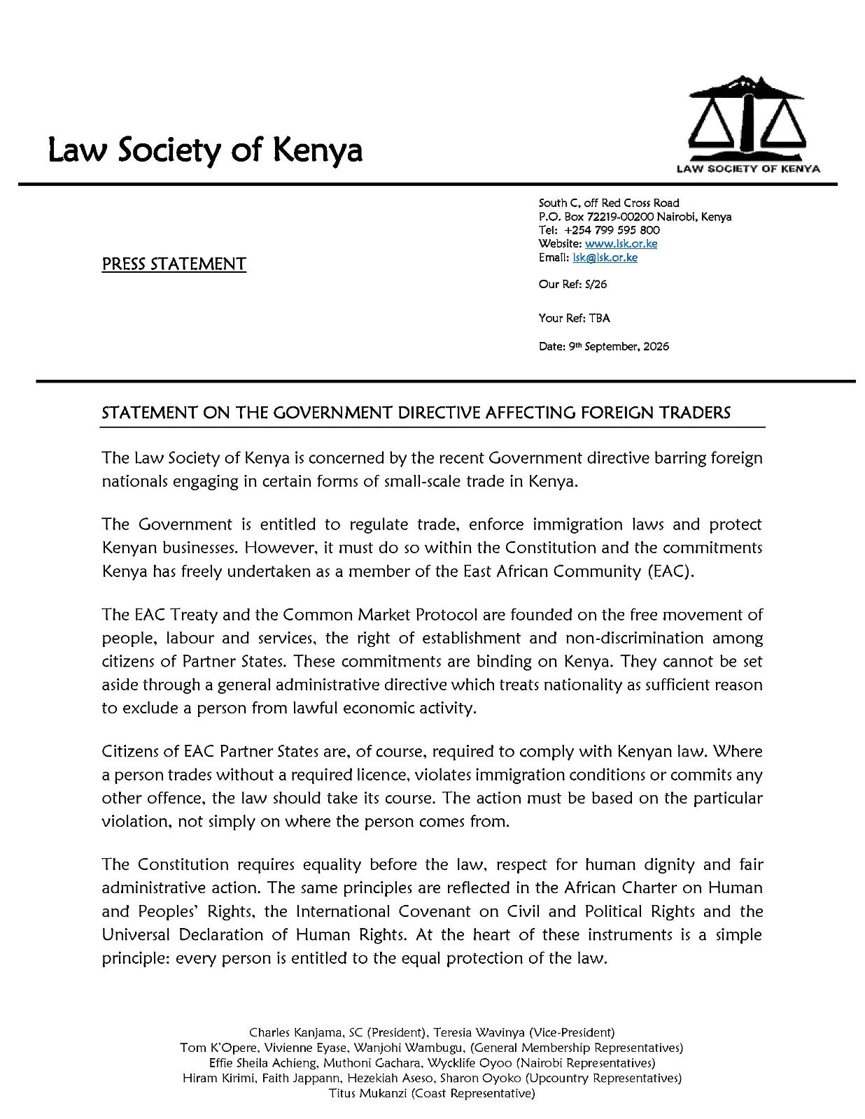 Law Society of Kenya (LSK) Statement on the Government Directive Affecting Foreign Traders