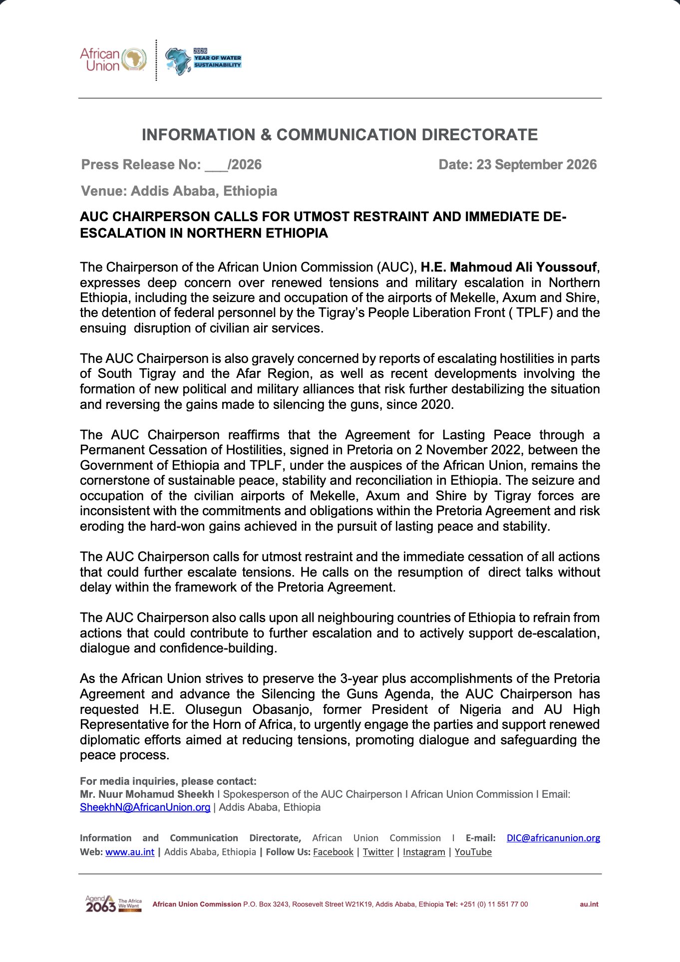 The Chairperson of the African Union Commission (AUC) Calls for Utmost ...